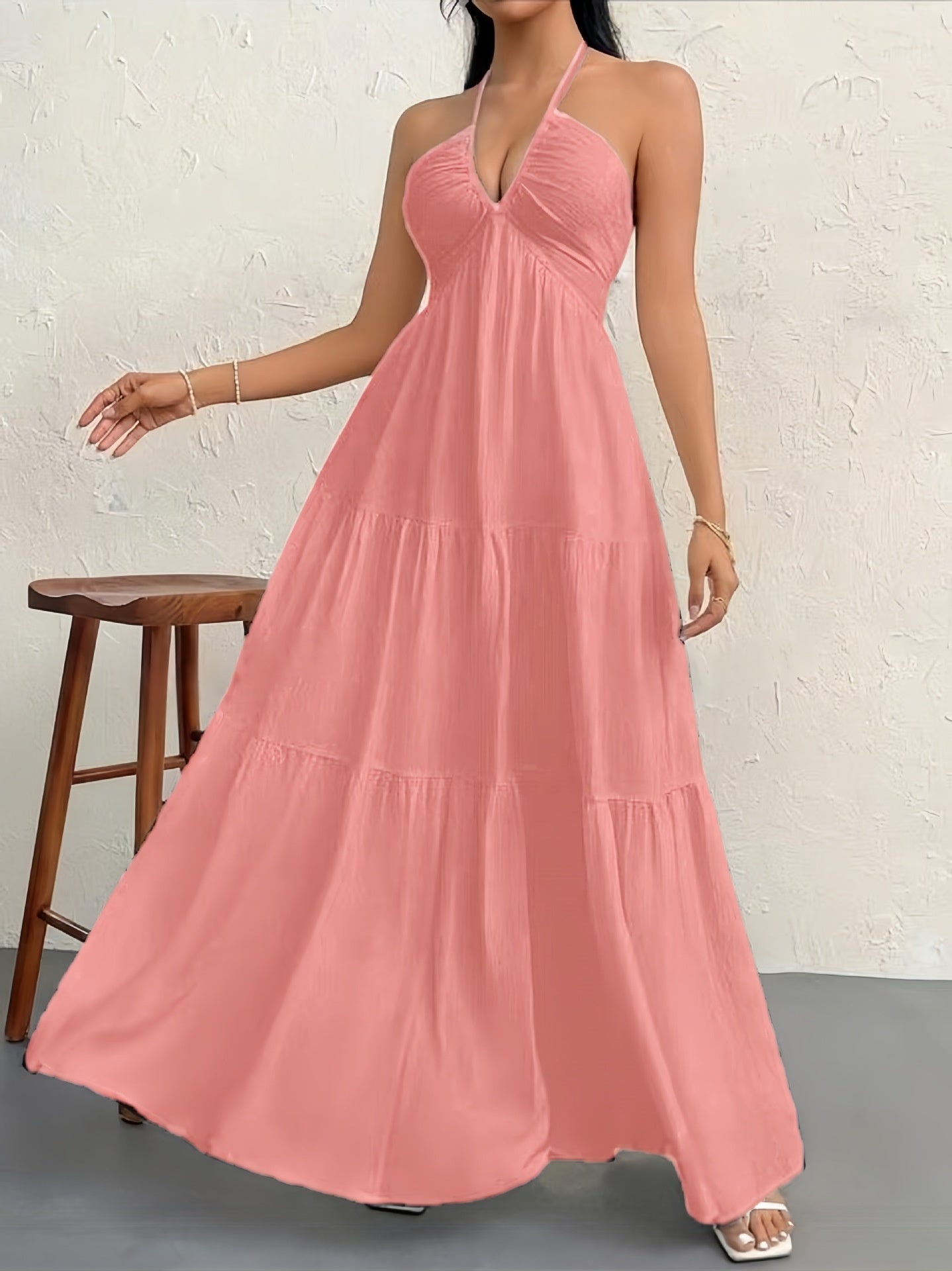 Backless Halterneck V-Neck Pleated A- Line Dress Women's Clothing One-Piece Dress Ankle-length Skirt For Beach Vacation Outfits by DERILUJA LLC