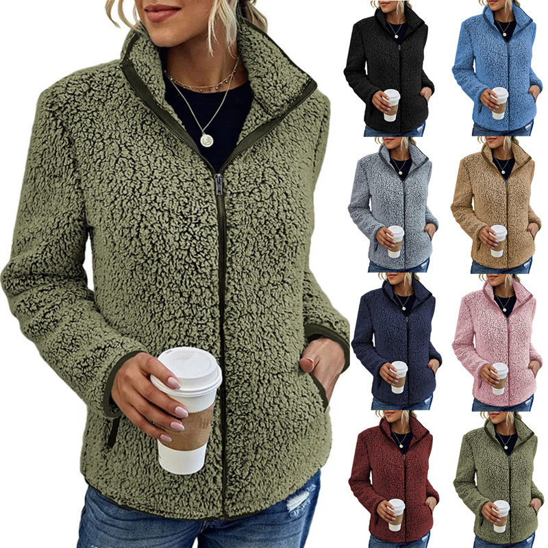 Fall Winter Warm Sweatshirt Stand Collar Solid Color Top Sweater Women's Casual Fashion Long Sleeve Zipper Bubble Velvet Coat Tops by My Store