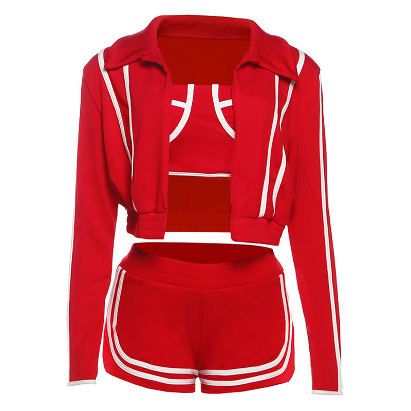 Fashionable Long Sleeve Turn-Down Collar Outerwear with Strap Inner Top and Slim Fit Sport Shorts Set for Women