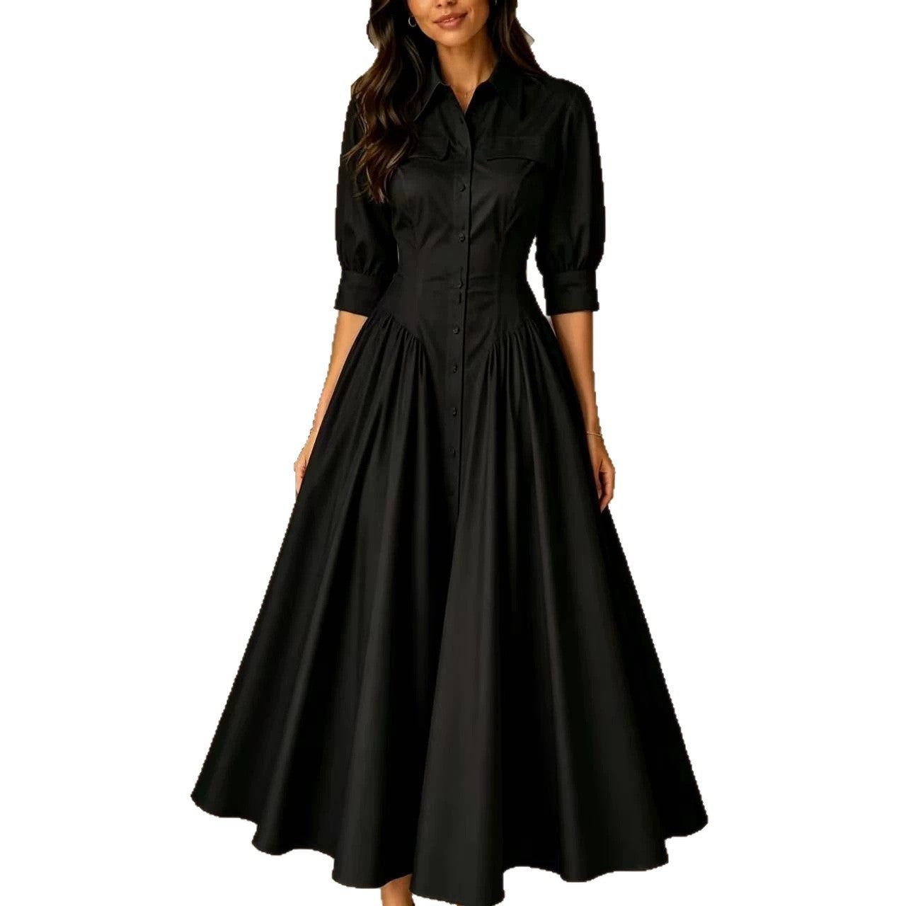 Cotton-linen Blend Single-breasted High-waisted Solid-color Dress by DERILUJA LLC