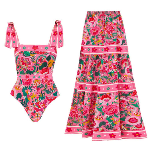 Print Strap Bow Detail One-piece Women's Swimwear by eprolo