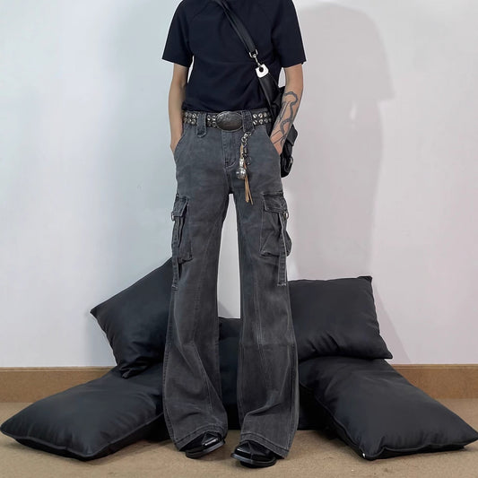 Retro Deconstructed Multi-Pocket Flared Cargo Pants for Men, Cool Streetwear Brand, Loose Clean Fit Straight Leg Casual Pants by eprolo