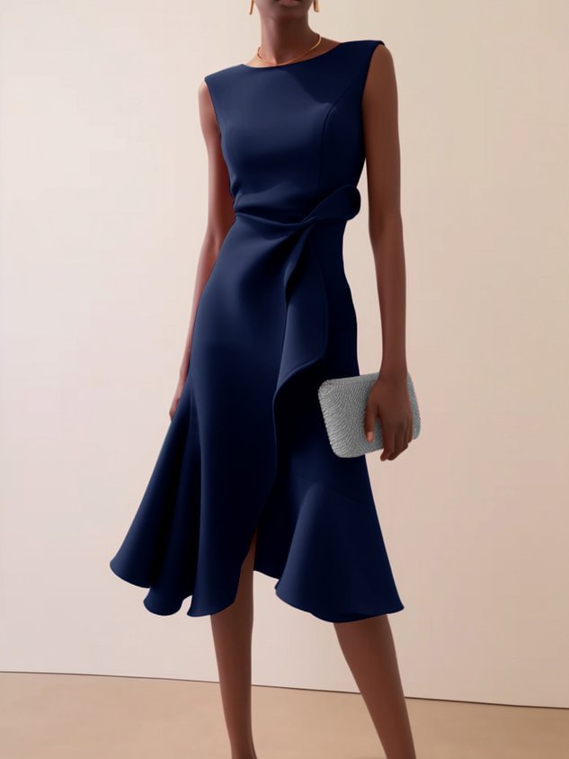 Women's Bow-knot Sleeveless Dress Summer Round Neck Red Temperament by DERILUJA LLC