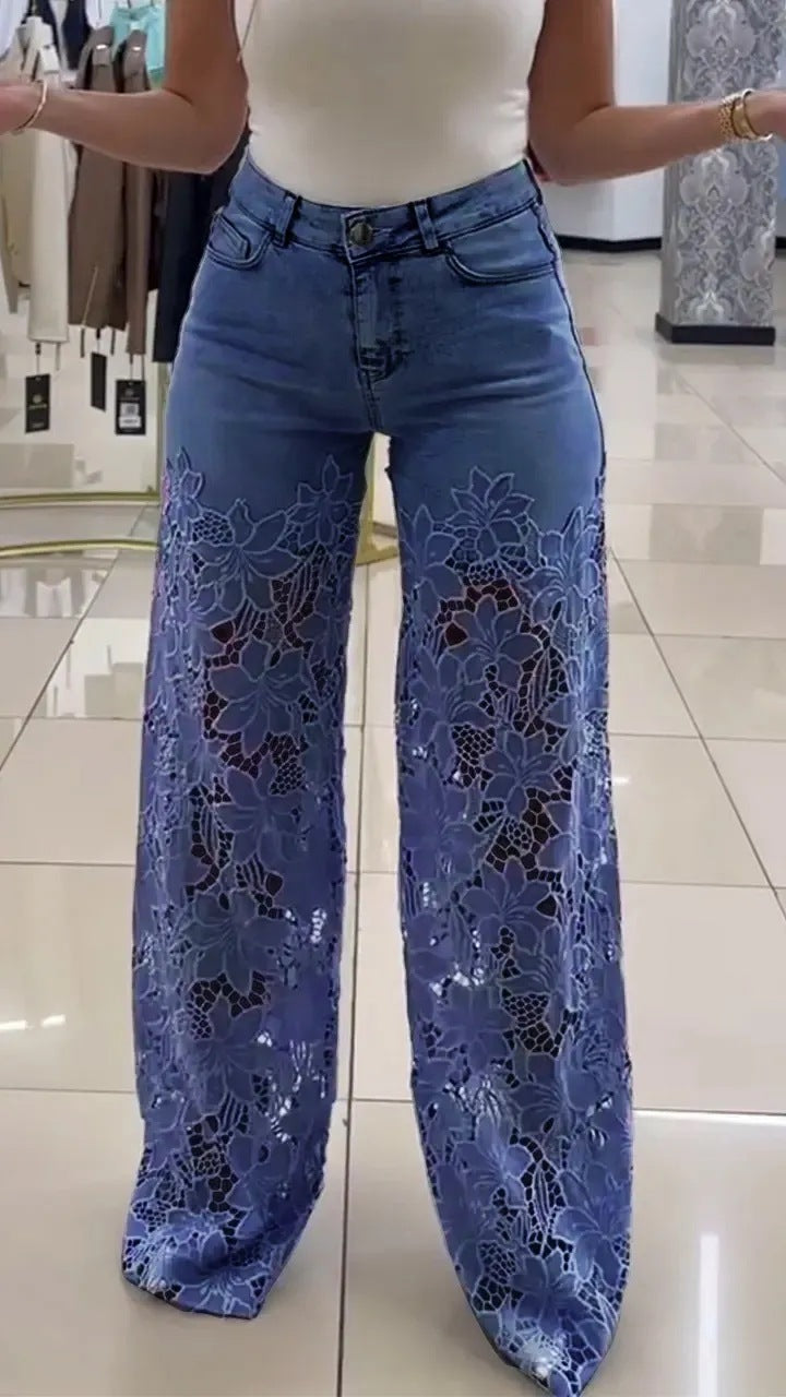Y2K Lace Flowers Hollow Jeans Fashion High Waist Straight Wide Leg Pants Solid Color Trousers Women's Clothing by My Store