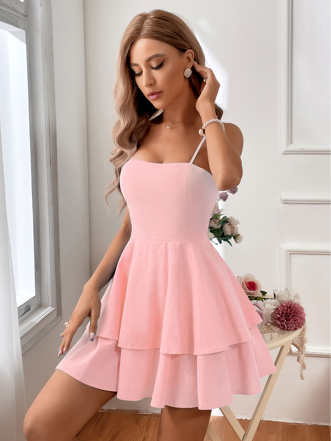 Summer pure cotton square neck suspender A-line short skirt sweet and fresh high waisted bow tie slim fit dress by eprolo