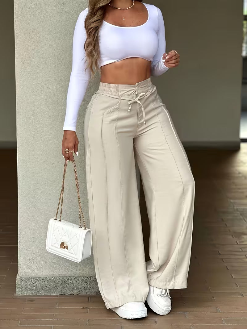 Lace-up Trousers Loose-fit Drawstring Wide-leg Pants With Multiple Pockets by DERILUJA LLC