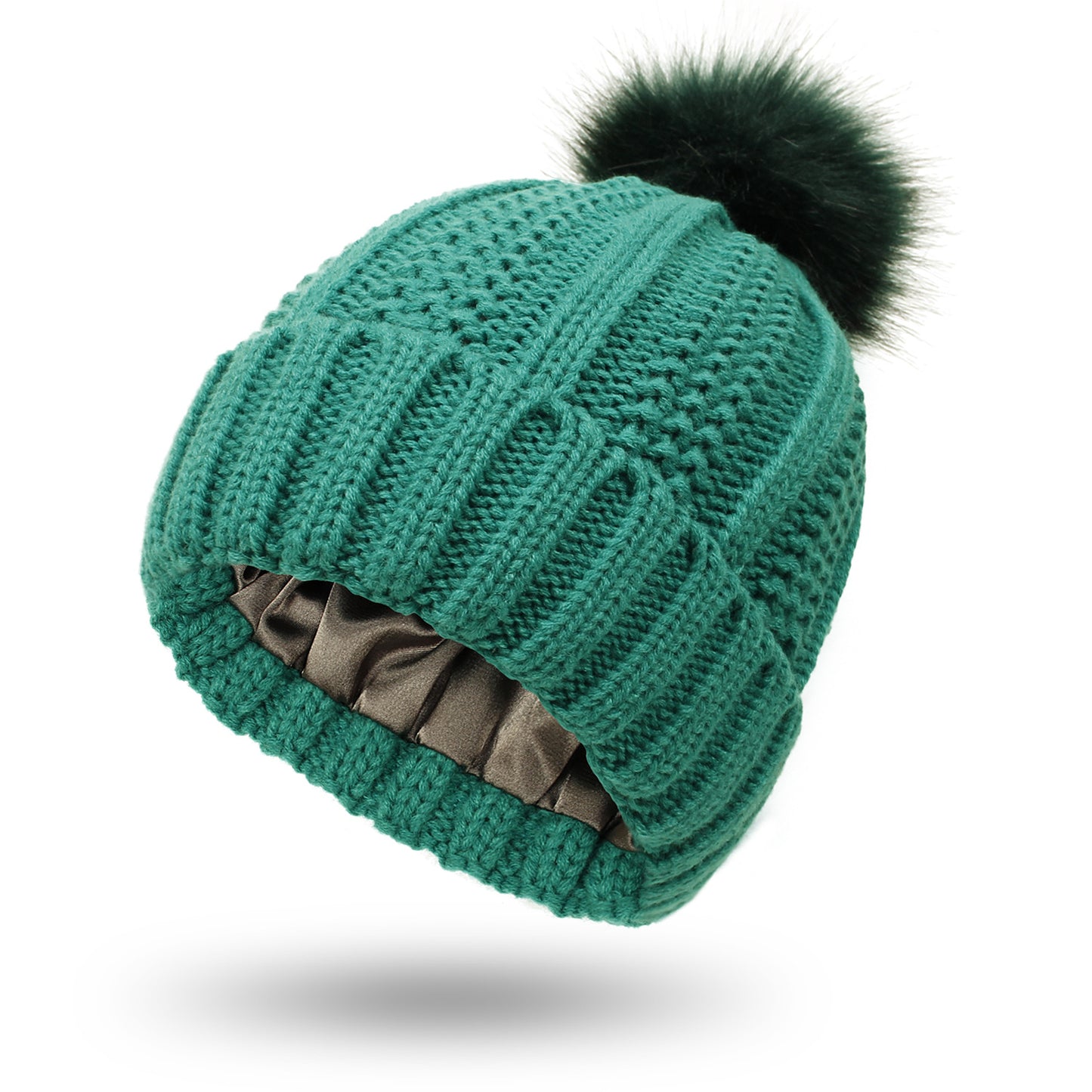 Winter Knitted Hats Fashion Stretchy Lined Skull Hats For Women Faux Fur Pom Pom Hat Keep Warming Beanie Hat by DERILUJA LLC
