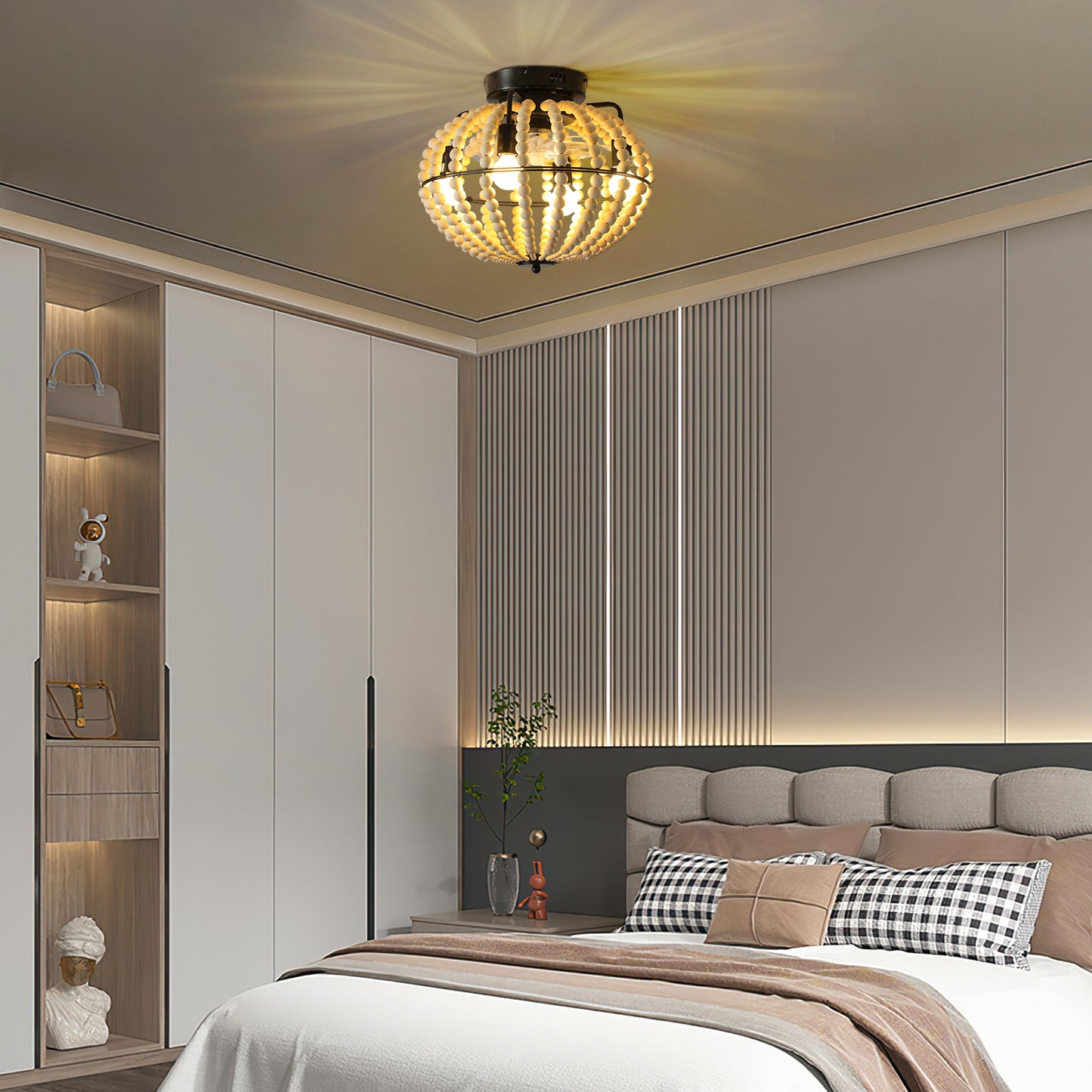 Beaded Fan lamp Wood Beaded Chandelier Oak White by eprolo