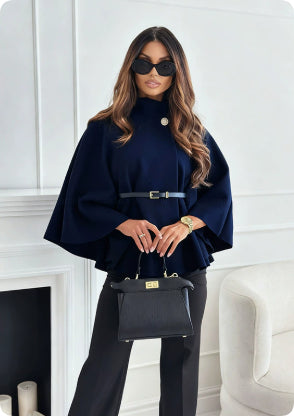 Stand Collar Batwing Sleeves Cloak Top With Belt Ins Fashion Temperament Jacket Woolen Sweater Outwear For Women Clothing by DERILUJA LLC