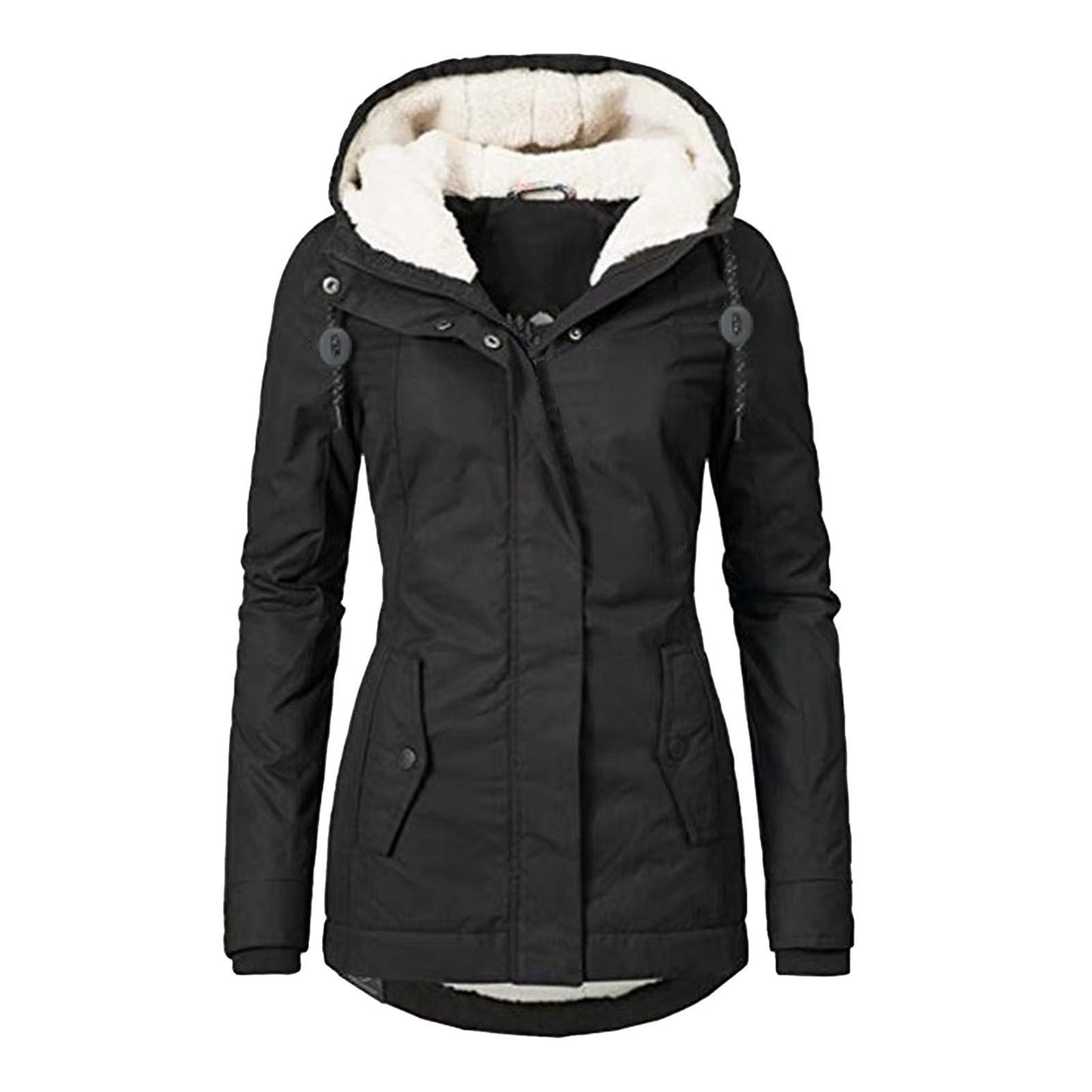 Winter Hooded Jacket Solid Color Warm Buckle Zip-up Fleece Jacket With Pockets Women's Casual Jacket by My Store