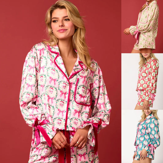 2 Pcs Women's Christmas Pajama Set Santa Tree Print Lapel Neck Button-up Long Sleeve Tops Shorts Loungewear Outfit by My Store