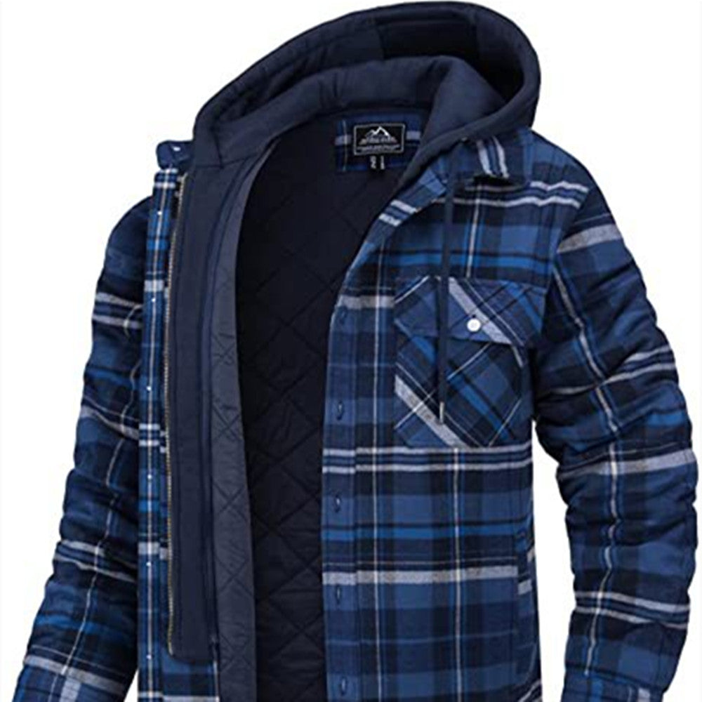 Men's Plaid Hooded Coat Winter Warm Button Zip-up Jacket Fashion Casual Thick Padded Long Sleeves Outerwear Clothing by DERILUJA LLC