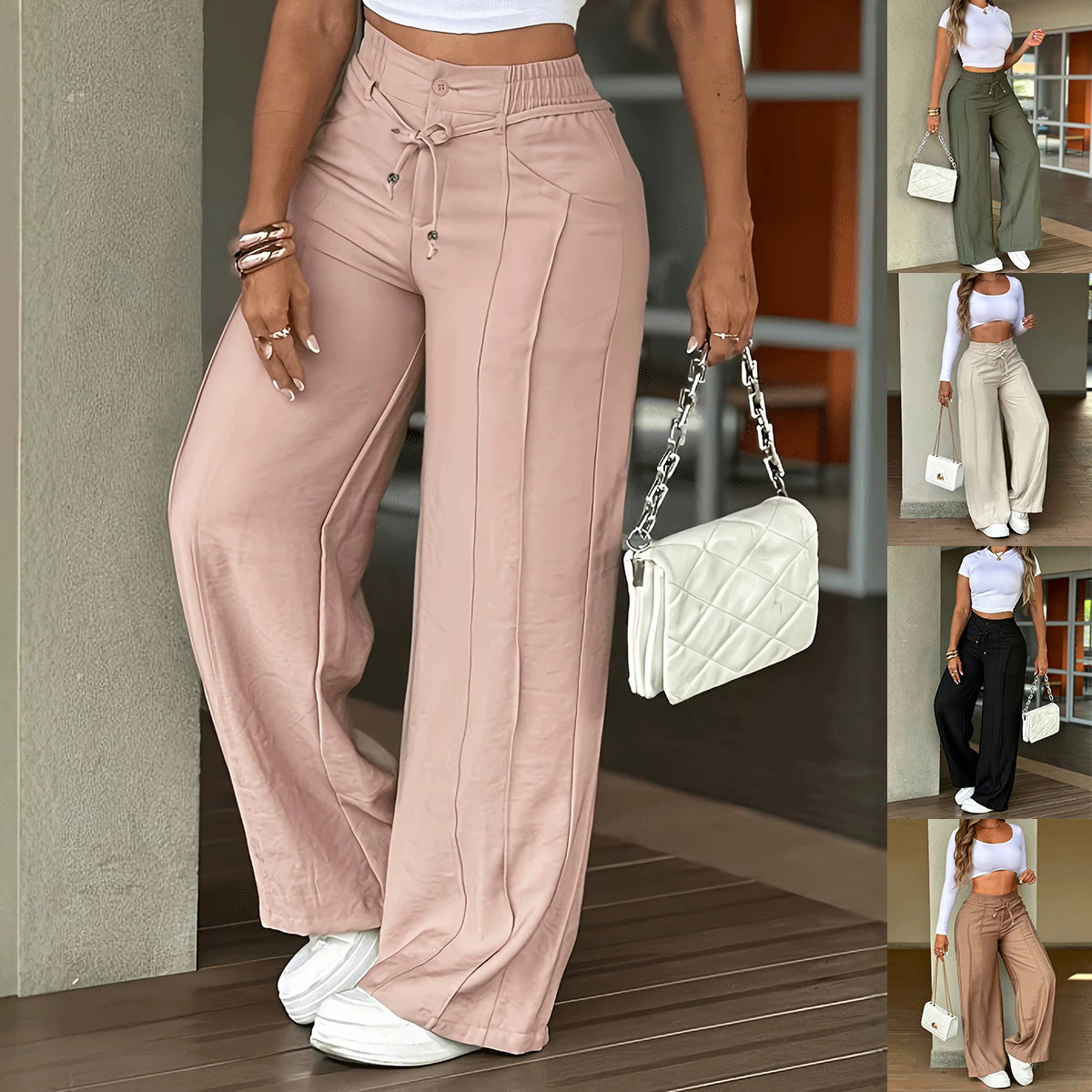 Lace-up Trousers Loose-fit Drawstring Wide-leg Pants With Multiple Pockets by DERILUJA LLC