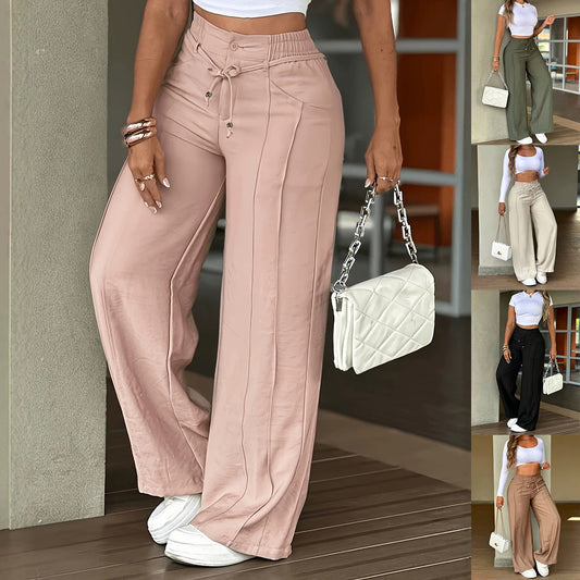 Lace-up Trousers Loose-fit Drawstring Wide-leg Pants With Multiple Pockets by DERILUJA LLC