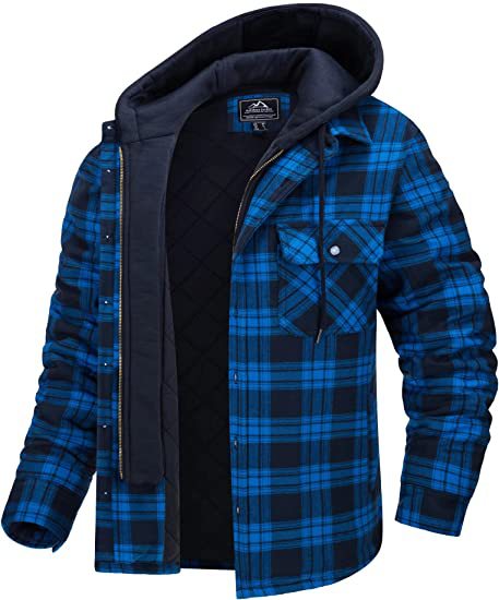 Men's Plaid Hooded Coat Winter Warm Button Zip-up Jacket Fashion Casual Thick Padded Long Sleeves Outerwear Clothing by DERILUJA LLC