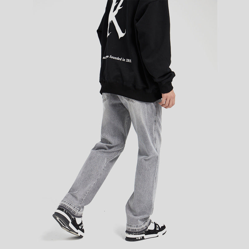 High-Quality Washed Light Gray Distressed Solid Color Denim Jeans with Raw Hem, Basic Casual Long Pants by eprolo