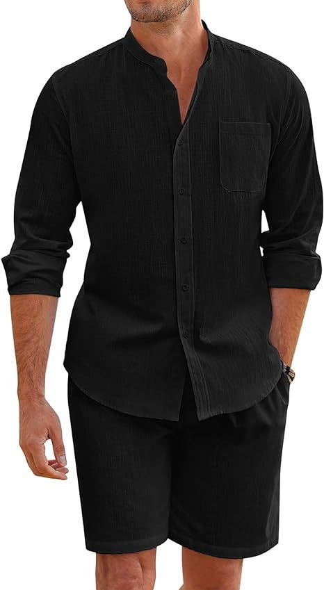 Casual Men's Summer Two-Piece Set Polyester Button-Up Long Sleeve Shirt and Shorts Cardigan Simple Leisure Beachwear by eprolo