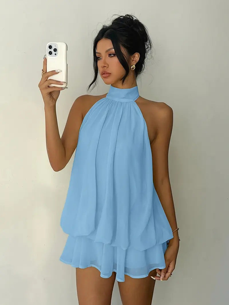 Women's vacation fitted sexy backless halter neck tie-waist dress with puffy short skirt by eprolo