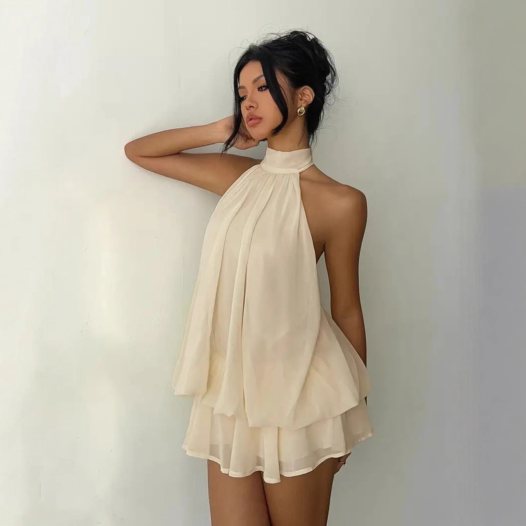 Women's vacation fitted sexy backless halter neck tie-waist dress with puffy short skirt by eprolo
