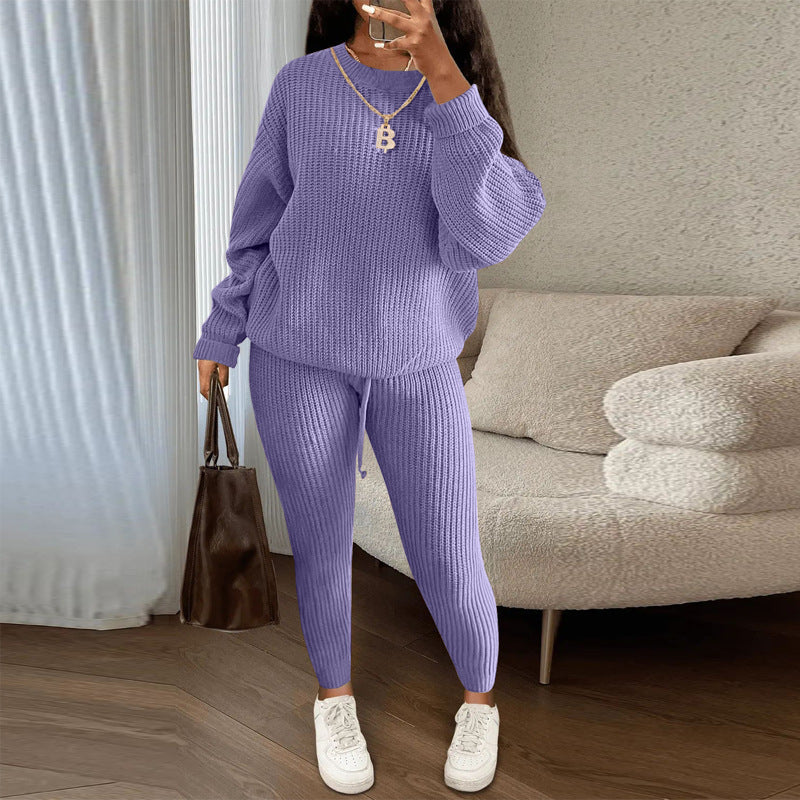 Winter Ribbed Knit Suits Fashion Loose Pullover Sweater Top And Drawstring Pants For Women Trouser Set Clothing by My Store