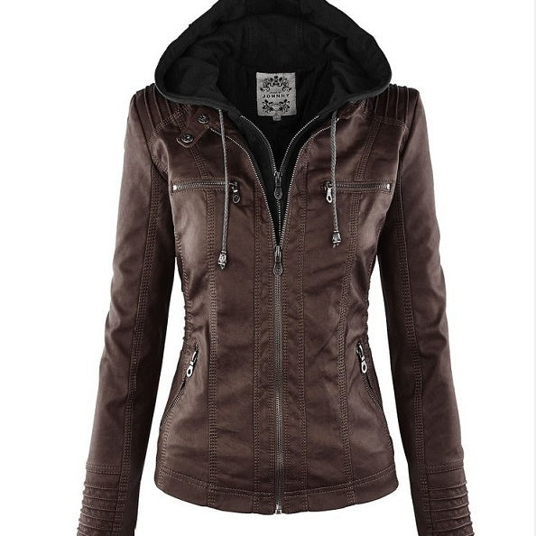 Women's Detachable Lapel Long Sleeve Solid Color Zipper Leather Jacket Coat by My Store
