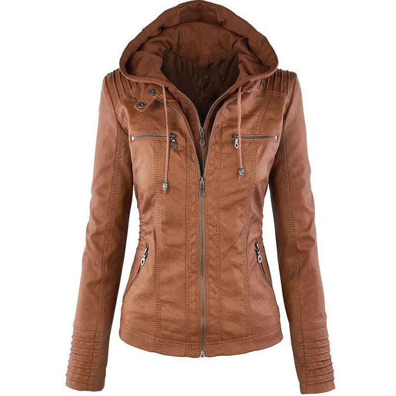 Fashion Detachable Hooded Jacket With Pockets Casual Solid Color Zipper Long Sleeve Leather Coat Autumn Winter Women's Clothing by My Store