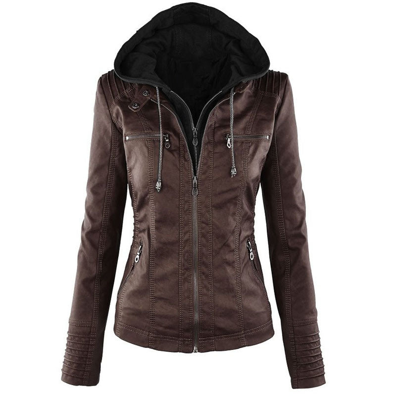 Fashion Detachable Hooded Jacket With Pockets Casual Solid Color Zipper Long Sleeve Leather Coat Autumn Winter Women's Clothing by My Store