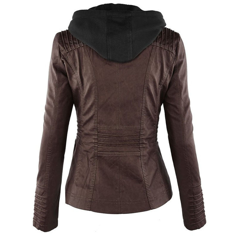 Fashion Detachable Hooded Jacket With Pockets Casual Solid Color Zipper Long Sleeve Leather Coat Autumn Winter Women's Clothing by My Store