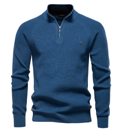 Men's Zipper Stand Collar Knitted Sweater Fashion Slim Solid Color Long Sleeve Half Turtleneck Top Men's Clothing by My Store