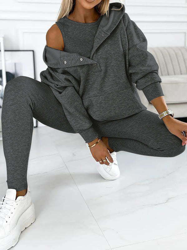 3pcs Women's Sports Suit Loose Hooded Pockets Sweatshirt And Vest And Slim Trousers by My Store