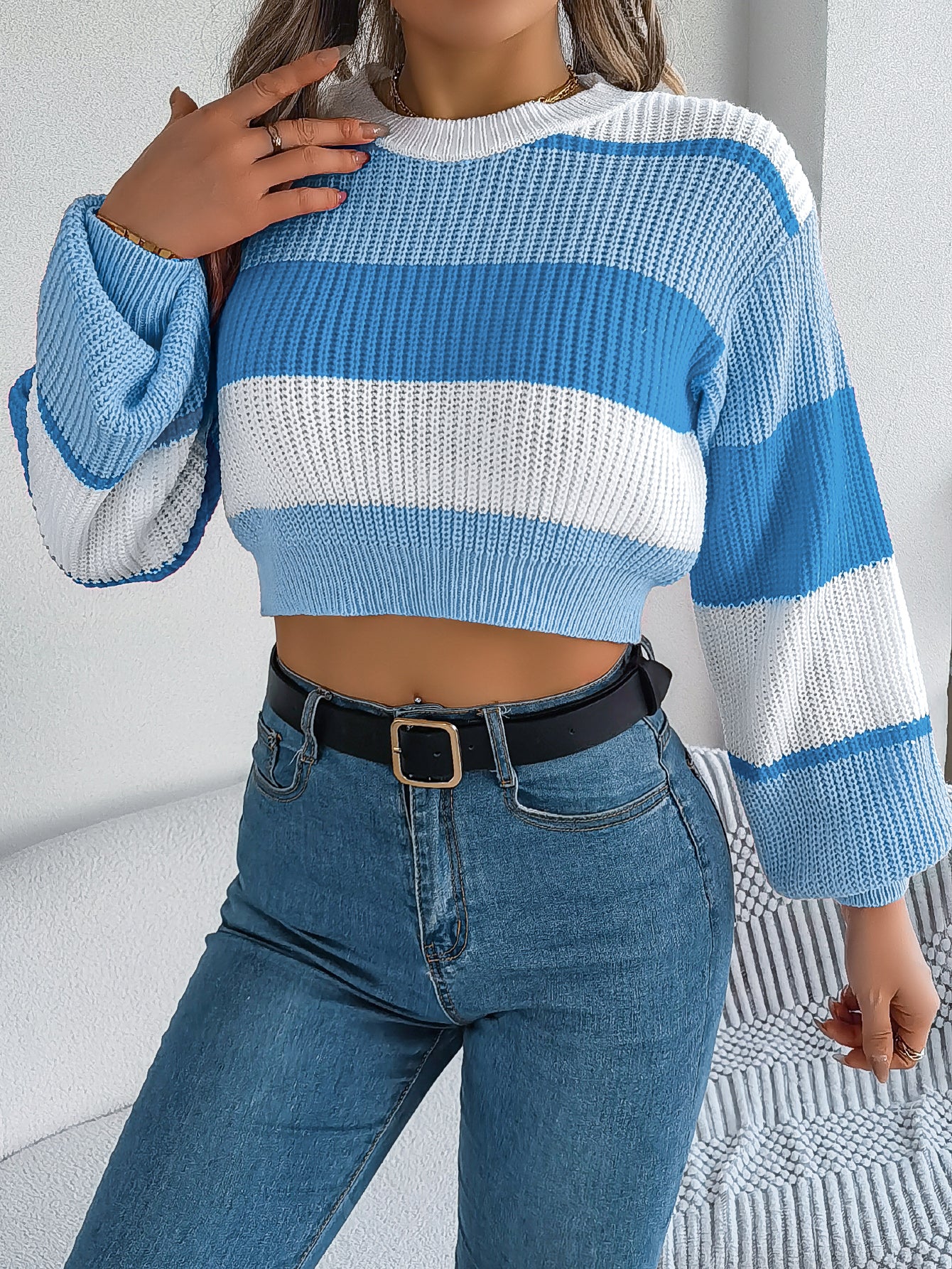 Women Casual Color Block Lantern Sleeve Cropped Pullover Sweater by DERILUJA LLC