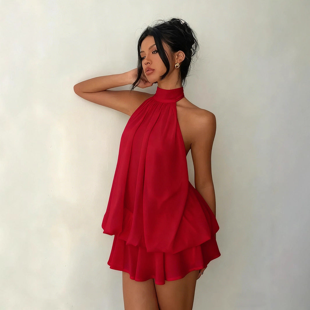 Women's vacation fitted sexy backless halter neck tie-waist dress with puffy short skirt by eprolo