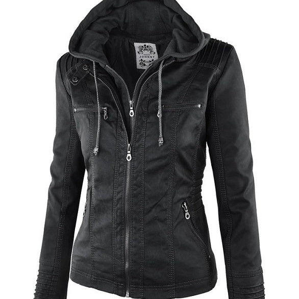 Women's Detachable Lapel Long Sleeve Solid Color Zipper Leather Jacket Coat by My Store