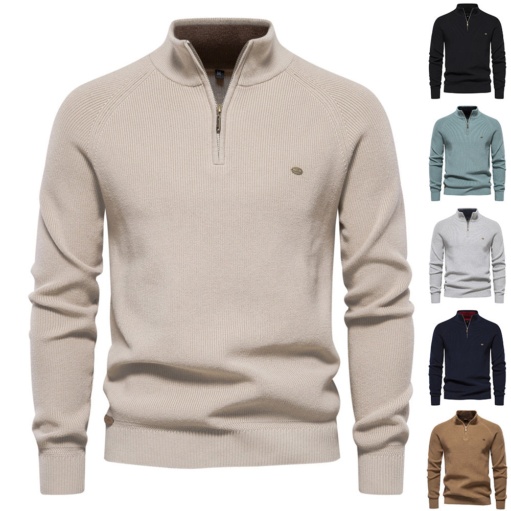 Men's Zipper Stand Collar Knitted Sweater Fashion Slim Solid Color Long Sleeve Half Turtleneck Top Men's Clothing by My Store