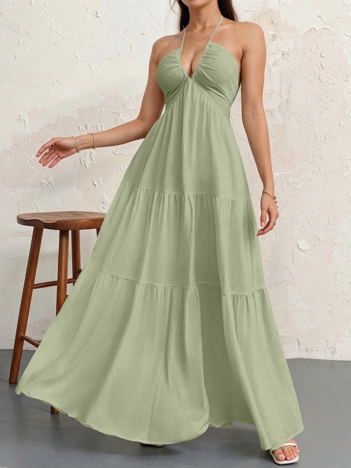 Backless Halterneck V-Neck Pleated A- Line Dress Women's Clothing One-Piece Dress Ankle-length Skirt For Beach Vacation Outfits by DERILUJA LLC
