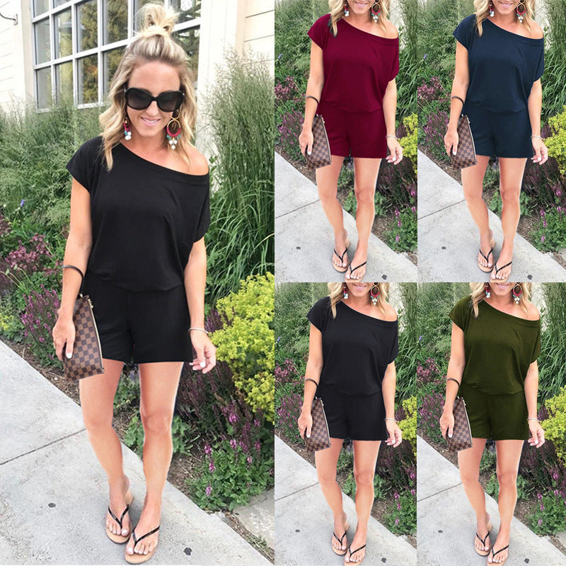 Fashionable Asymmetrical Shoulder Short Sleeve Pocket Women's Jumpsuit in 6 Colors