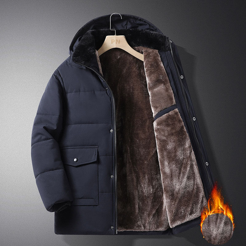 Coat men's winter new style with added velvet and thickened warm cotton clothing, business and leisure mid length hooded plus size men's cotton clothing by eprolo