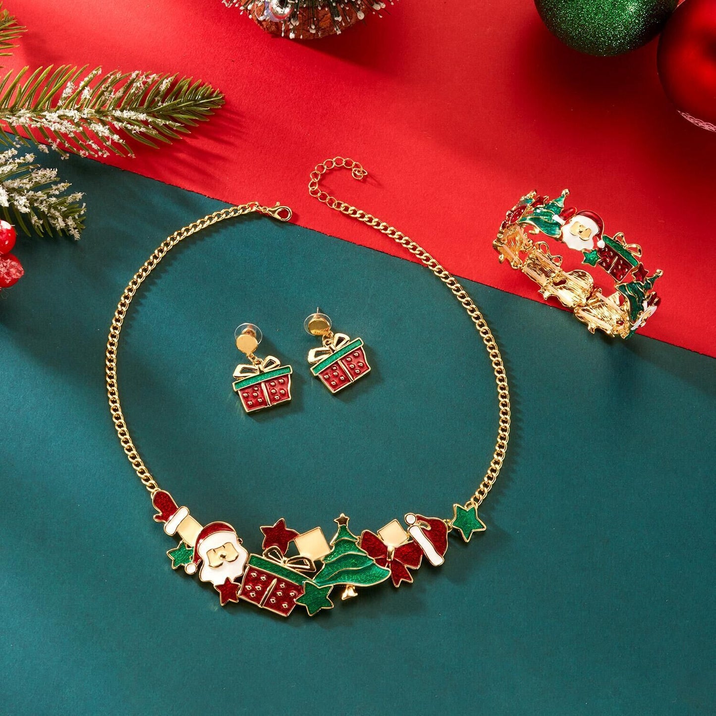 Style Christmas Necklace Gift Set, Santa Claus &amp; Christmas Tree Pendant, Cute Cartoon Holiday Jewelry, Neck and Wrist Accessories by eprolo