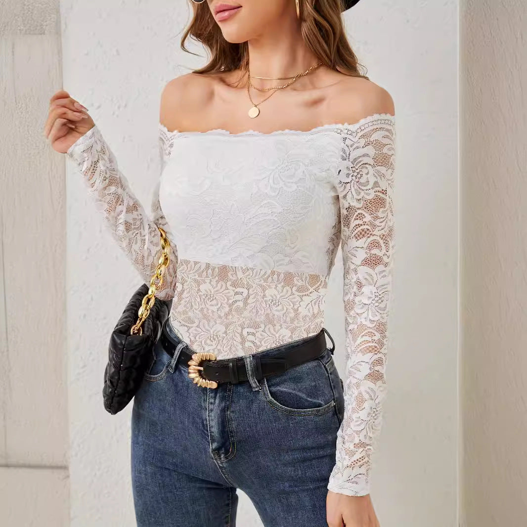 Elegant Fan-Edge Off-Shoulder Lace Fitted Slimming Long Sleeve Top by eprolo