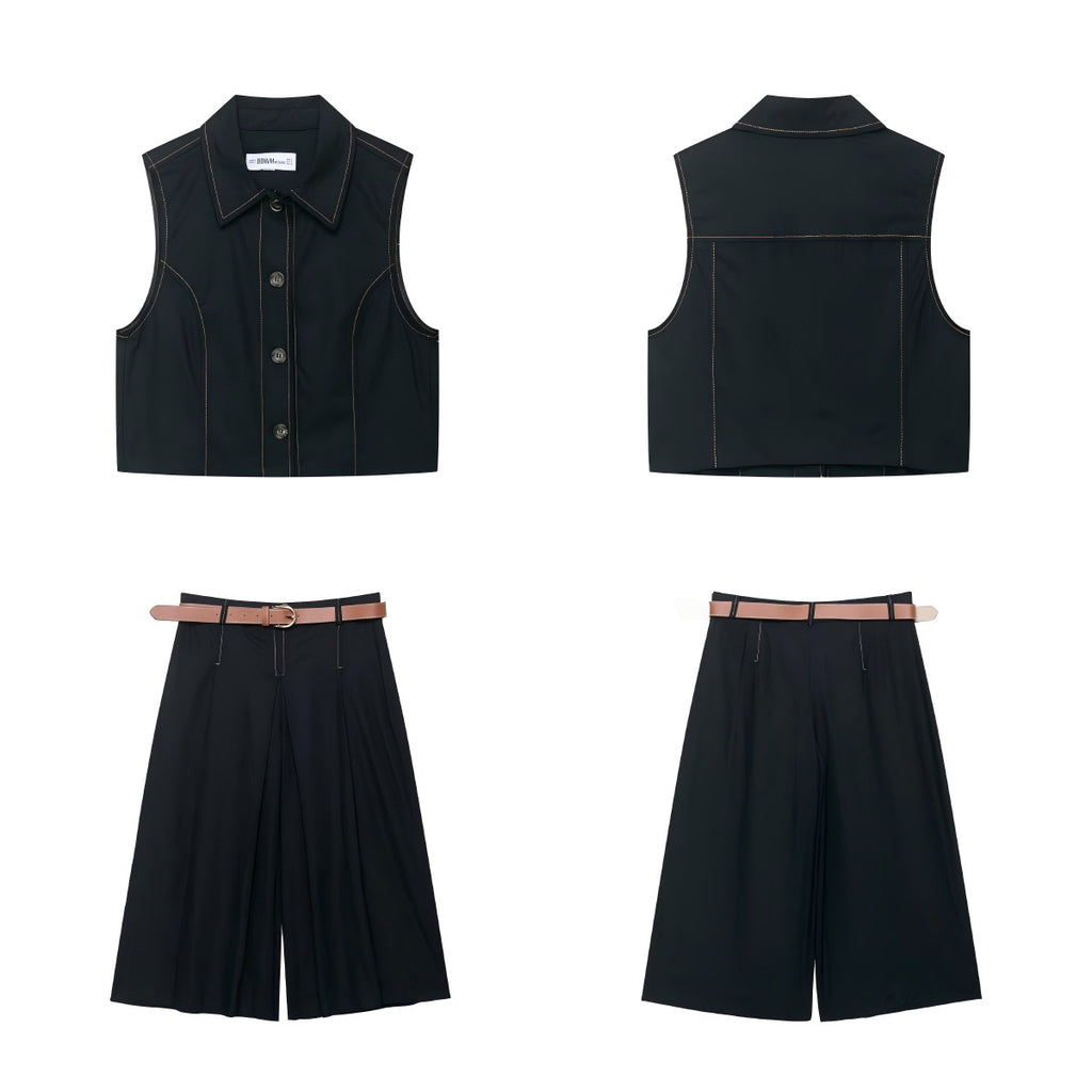 Color blocking stitching vest+cropped pants set