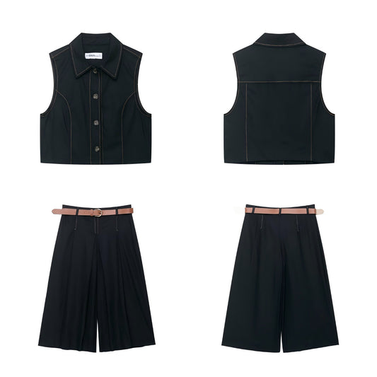 Color blocking stitching vest+cropped pants set by eprolo