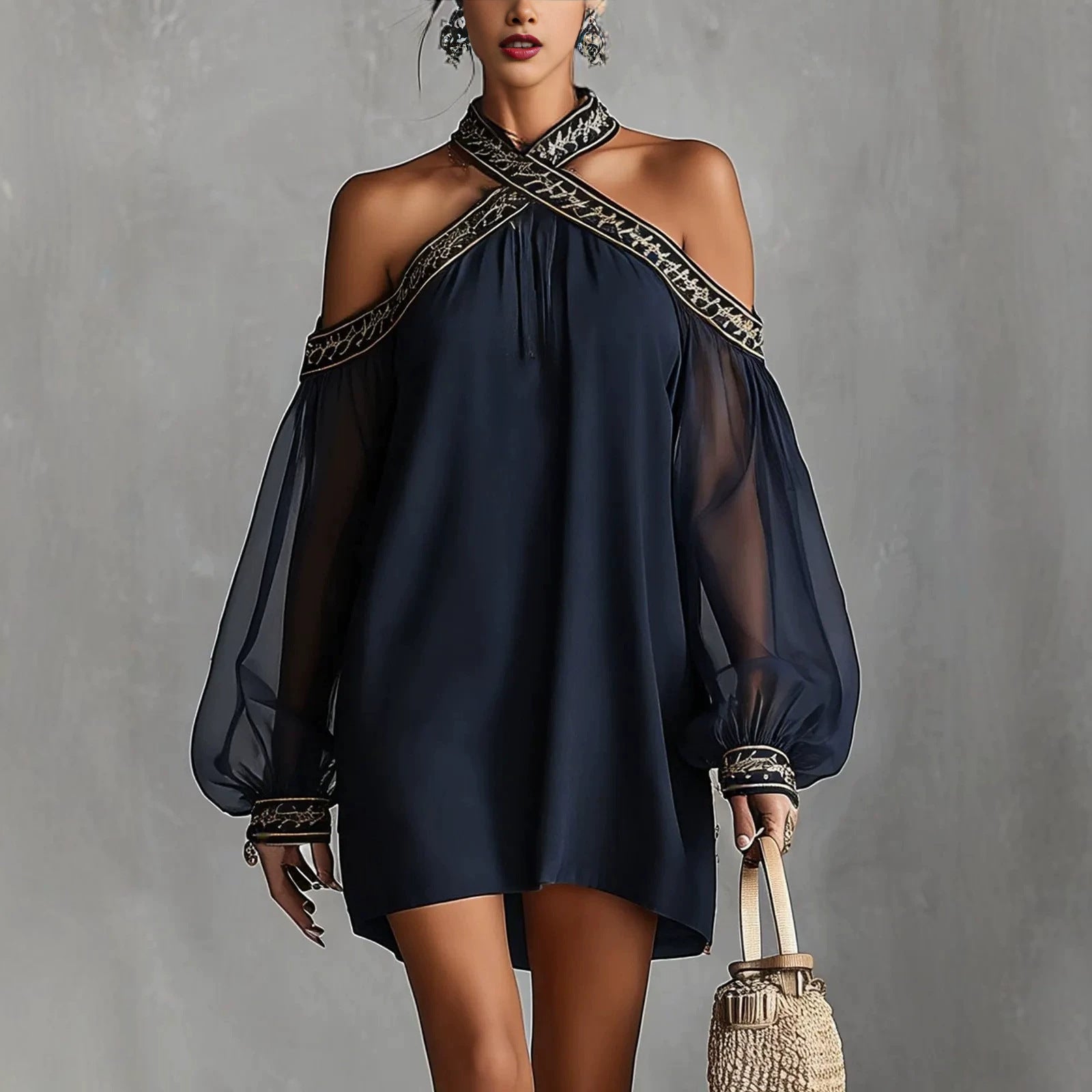 Fashion Design Embroidered Strapless Dress with Off-Shoulder Sheer Lantern Sleeve Loose Slimming Resort Style by eprolo