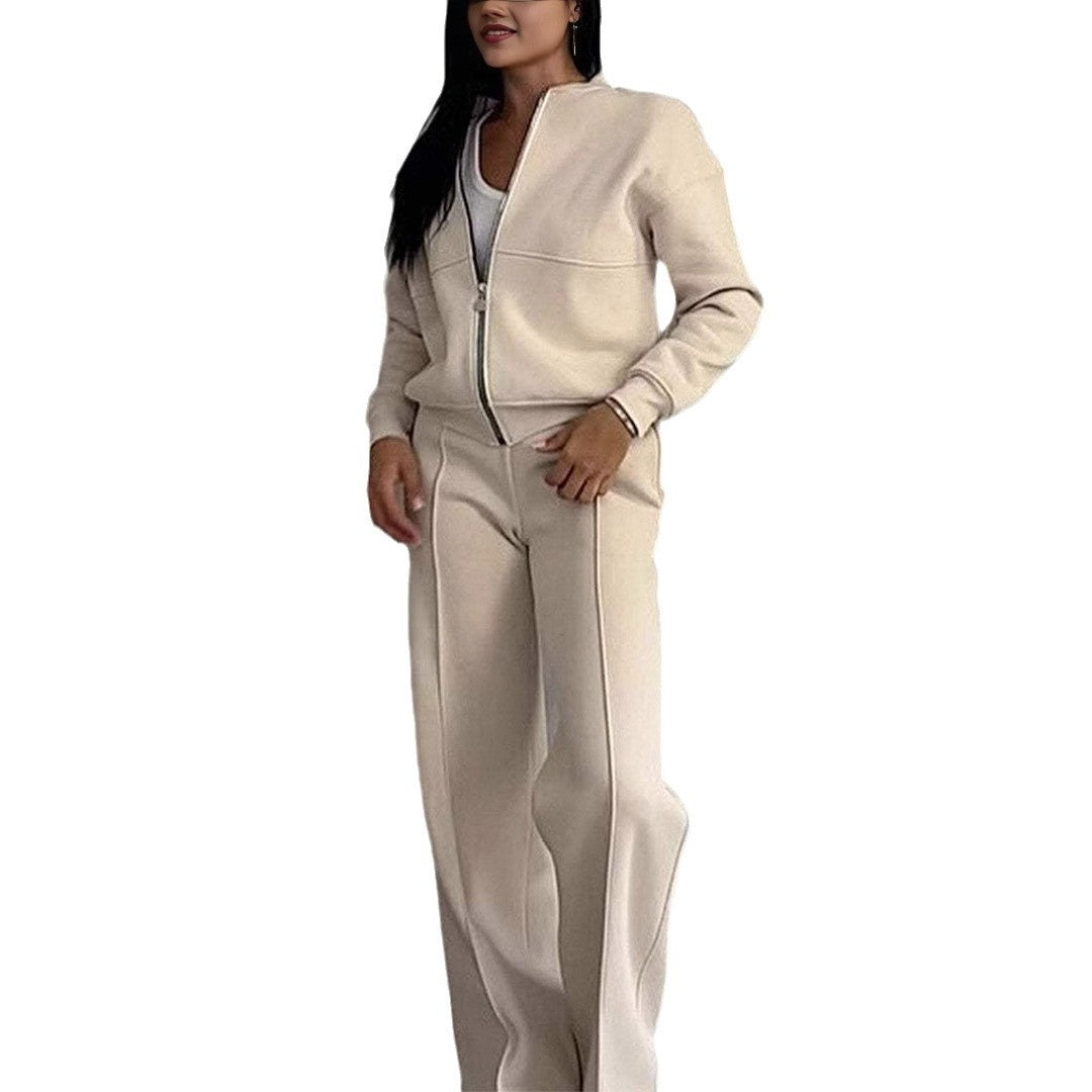Women's Sports Suits Zipper Jacket And Wide Leg Pants Two-piece Set by My Store