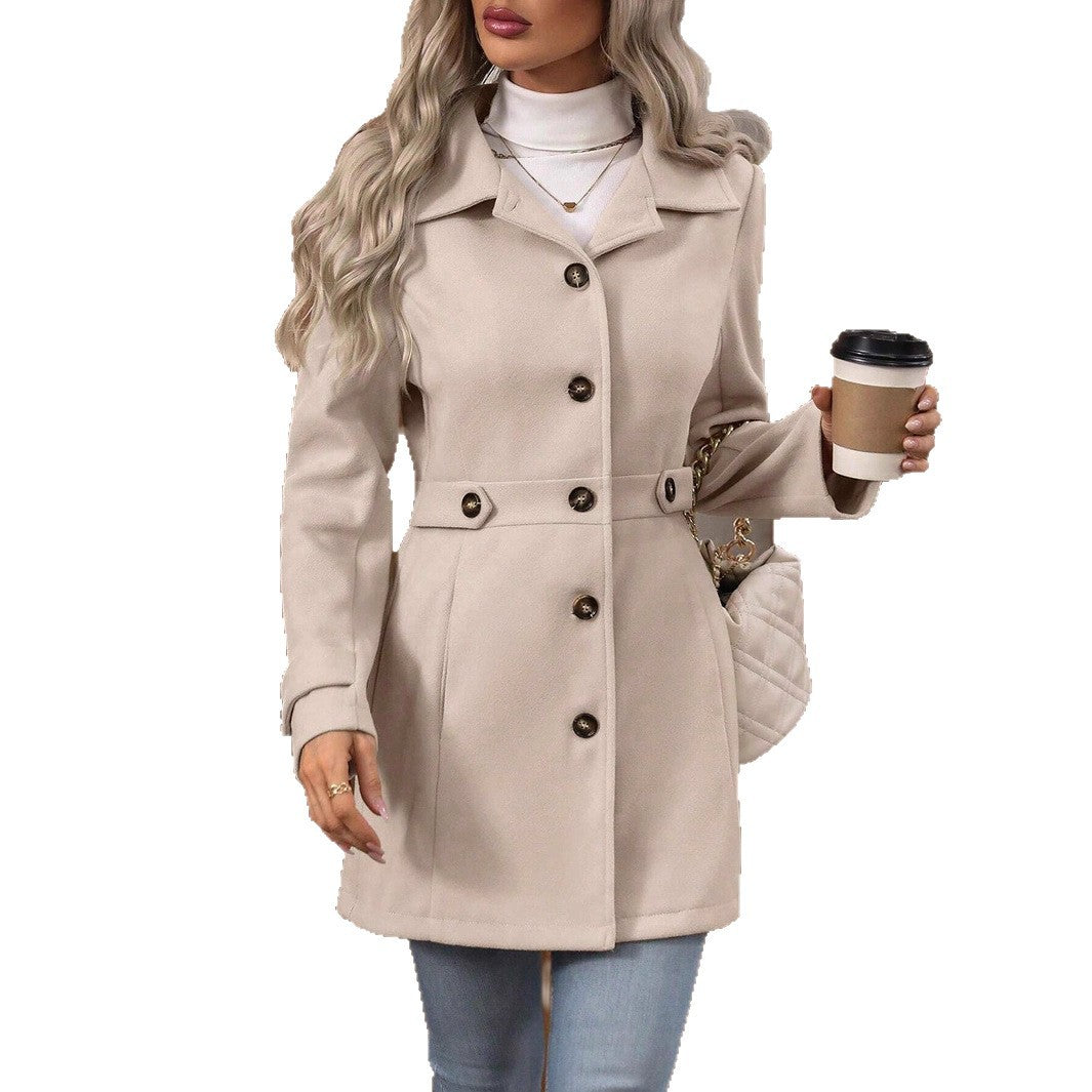 Elegant Single-breasted Woolen Coat Buttons Lapel Mid-length Jacket Temperament Commuter Outwear Clothing For Women by DERILUJA LLC