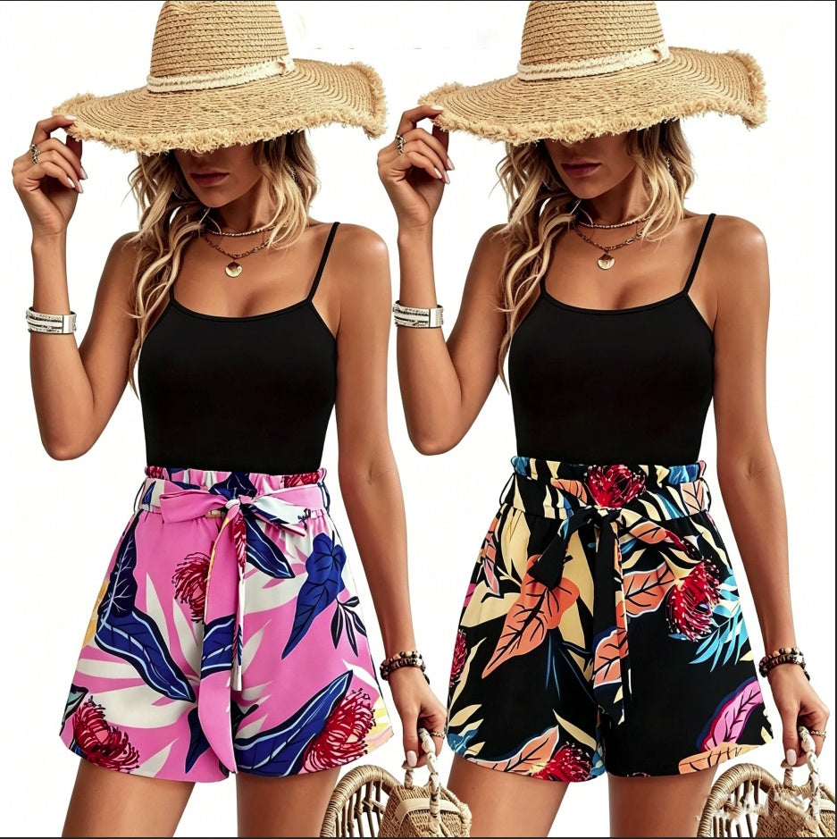 Boho Two-piece Cami Top Set Cami Top & Leaves Print Casual Beach Shorts 2pcs Outfits For Summer Spring, Women's Clothing by DERILUJA LLC