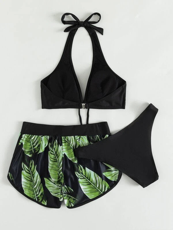 3pcs Leaf Print Bikini With Shorts Fashion Summer Beach Swimsuit Womens Clothing by DERILUJA LLC