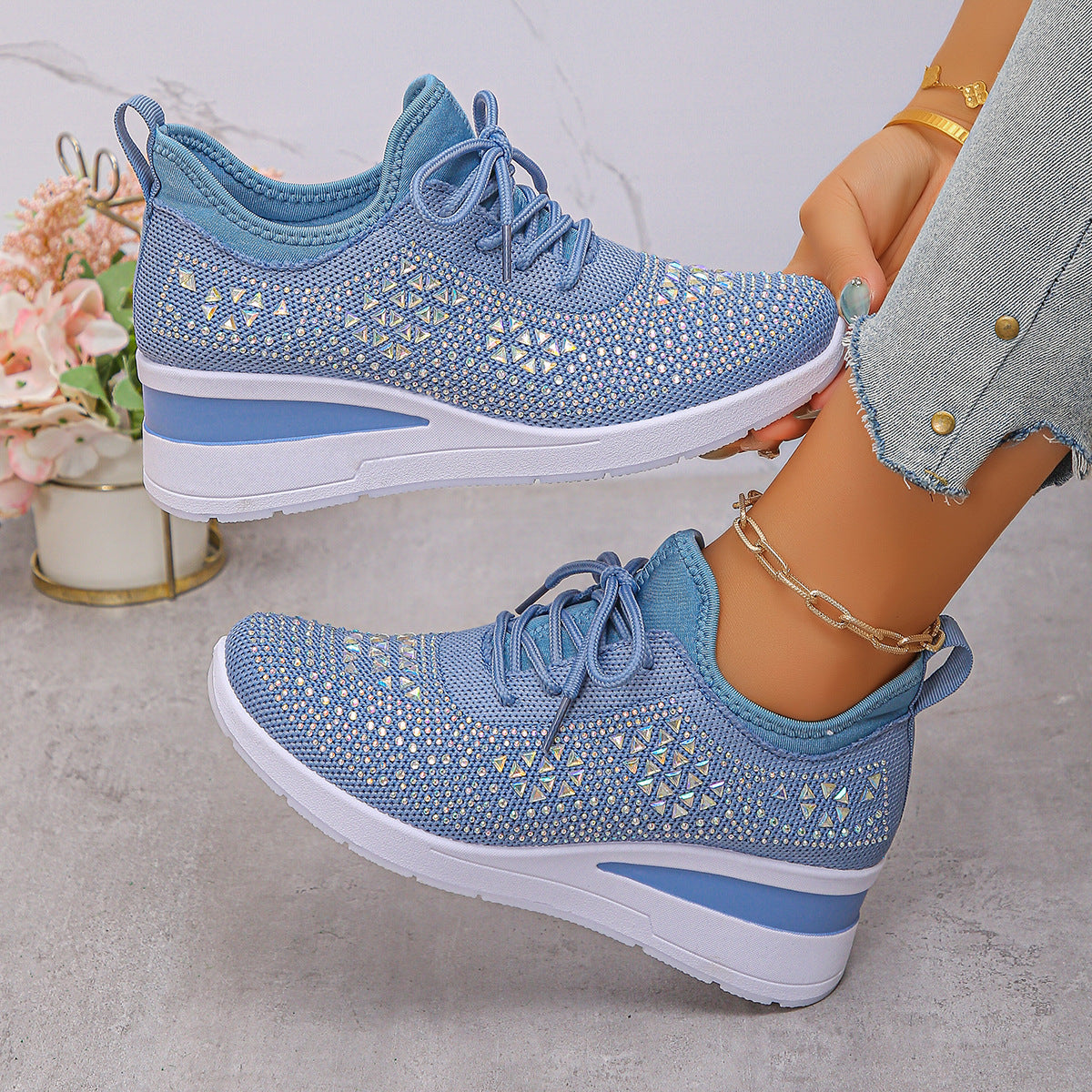Ins Rhinestone Sneakers Fashion Lace Up Wedges Casual Shoes Women's Daily Commuting Sports Shoes by My Store