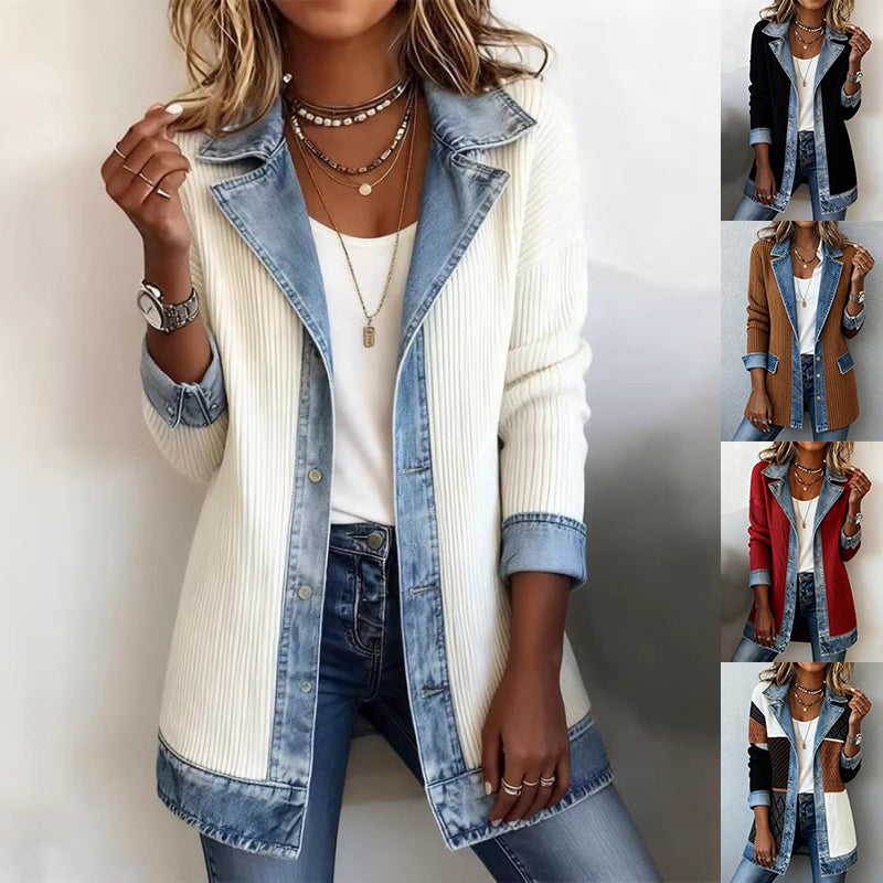 Denim Patchwork Jacket Fashion Commuter Lapel Button-down Long-sleeved Top For Women's Clothing by DERILUJA LLC