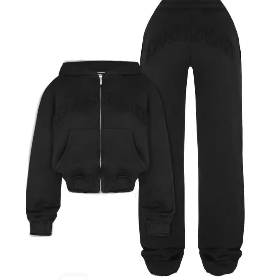 Ins Letter Sports Suit Zip-up Hooded Cropped Sweatshirt Top And Loose Drawstring Trousers Fashion Womens Clothing by DERILUJA LLC