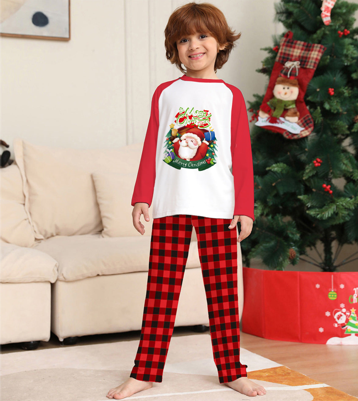 Christmas Parent-Child Clothes Set Long Sleeve T-Shirt Plaid Pants Family Matching Pajamas by My Store